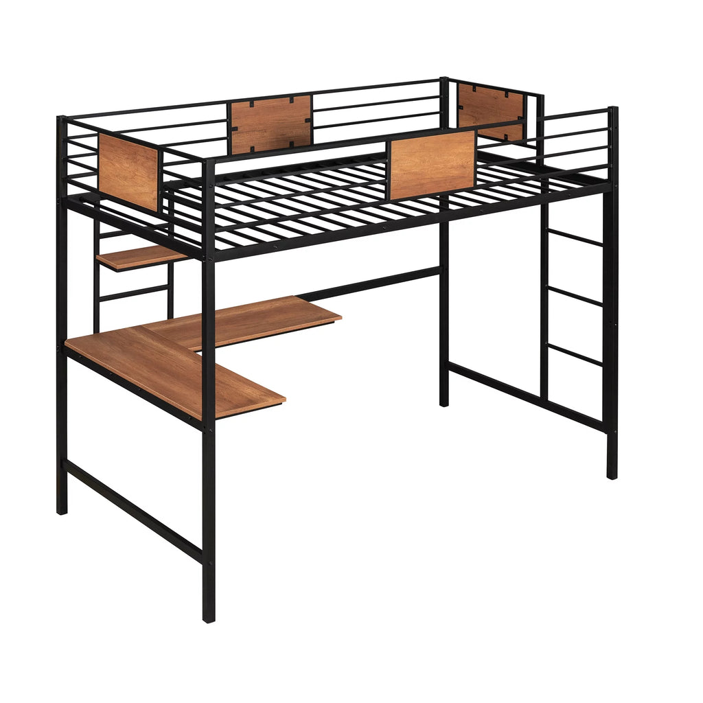 Black Twin Size Metal Loft Bed with Desk and Shelves D821