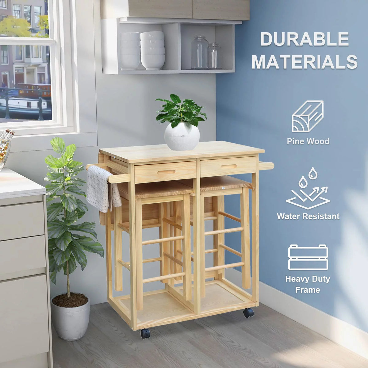 Drop Leaf Table, Rolling Kitchen Tables, Dining Table Set for 2, Natural U8087