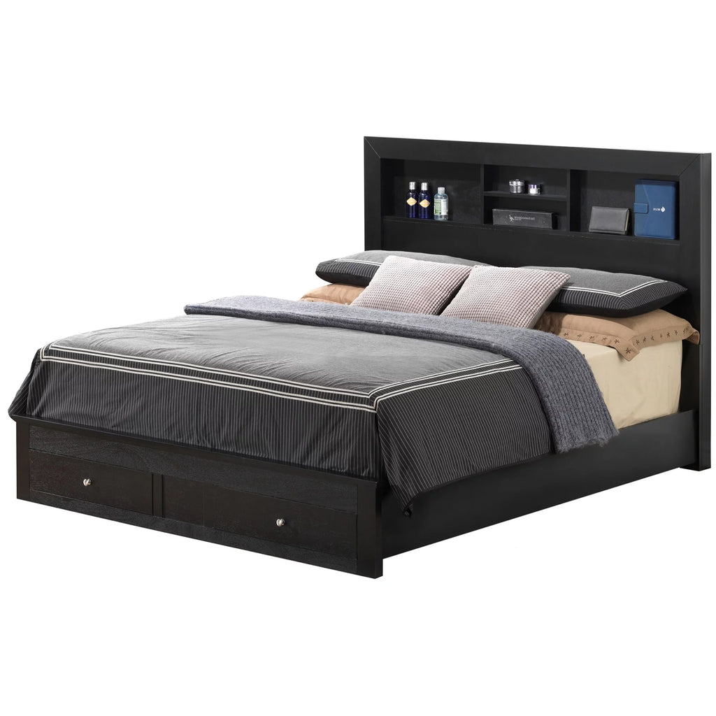 Black King Size Storage Platform Bed with Shelves and Drawer K287
