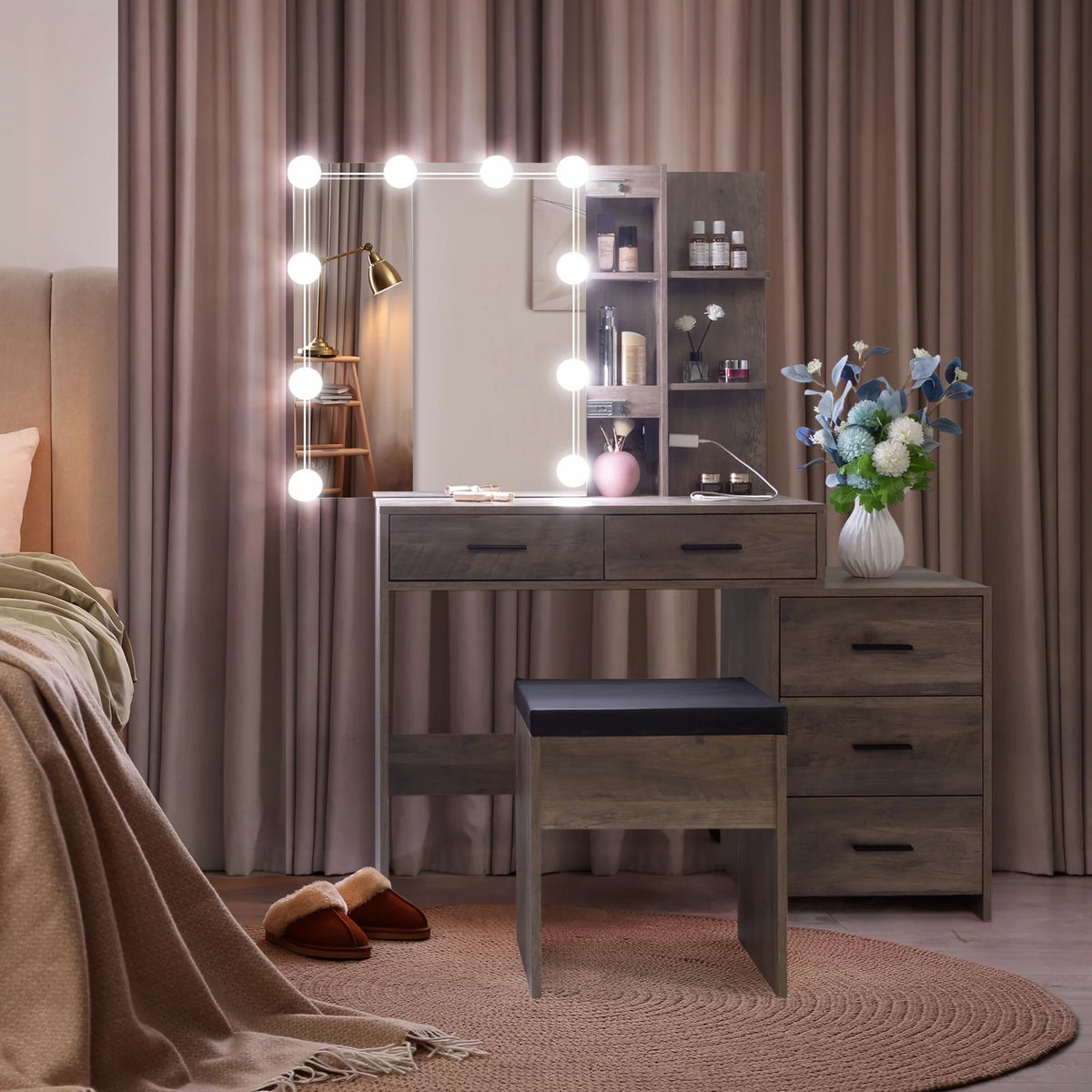 Lighted Vanity Makeup Table Set with Sliding Mirror and Cushioned Stool T35097