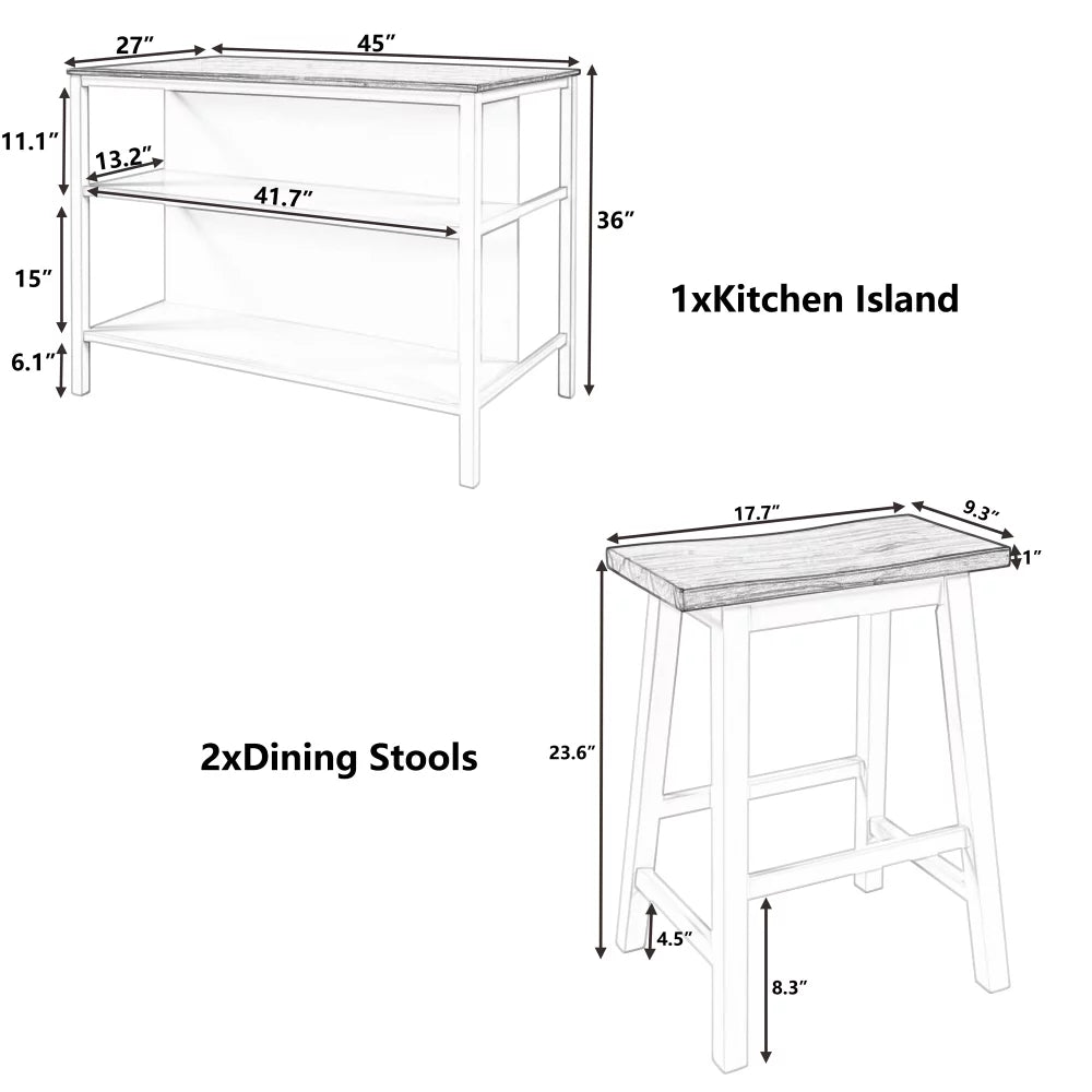 Solid Wood Kitchen Island Set with 2 Stools X3196