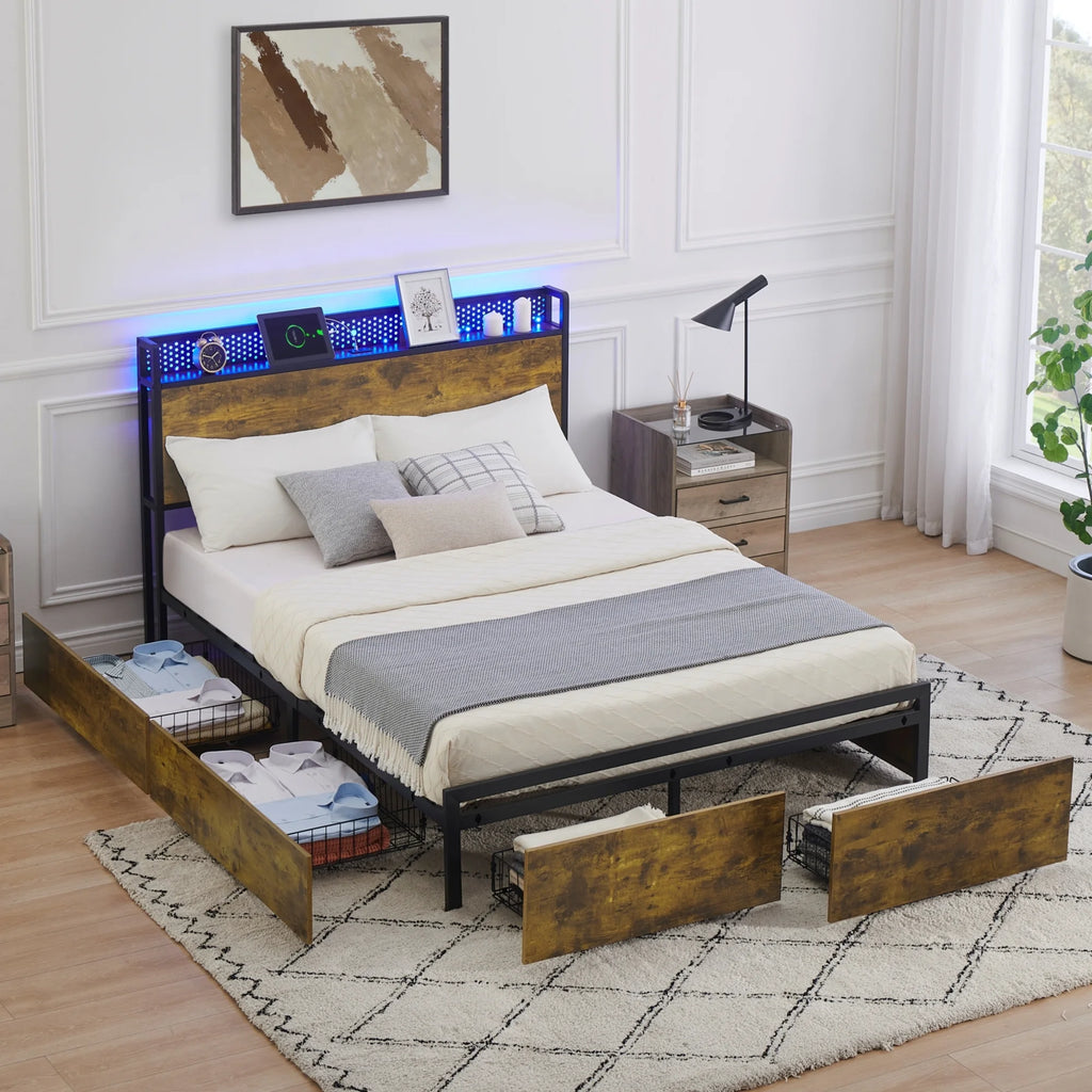 Queen Size Platform Bed Frame with Storage Headboard and 6 Drawers Z791