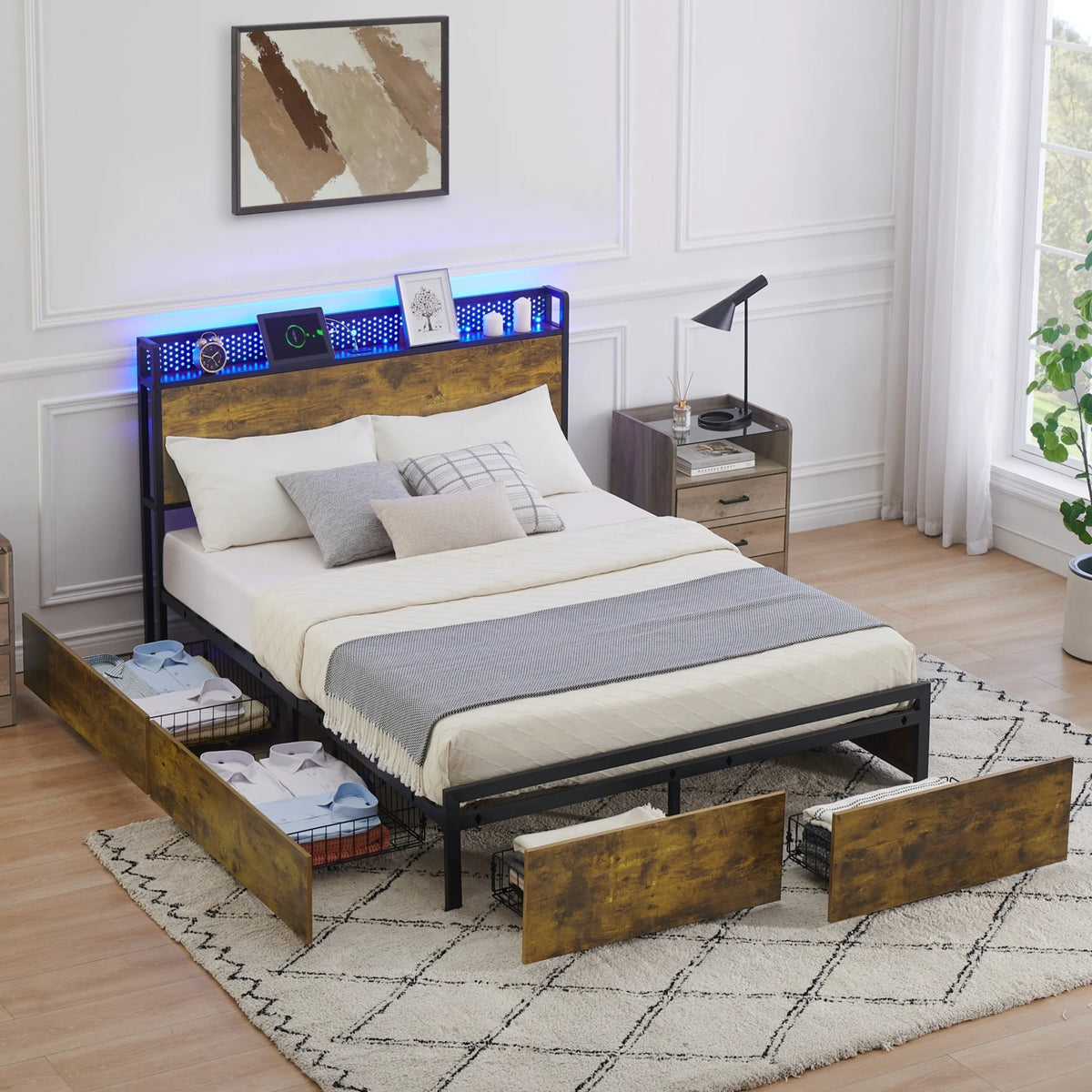 Queen Size Platform Bed Frame with Storage Headboard and 6 Drawers Z791