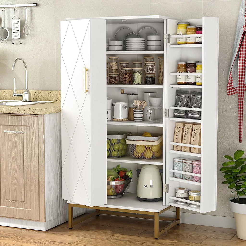 White Freestanding Kitchen Pantry Storage Cabinet with Adjustable Shelves V6456