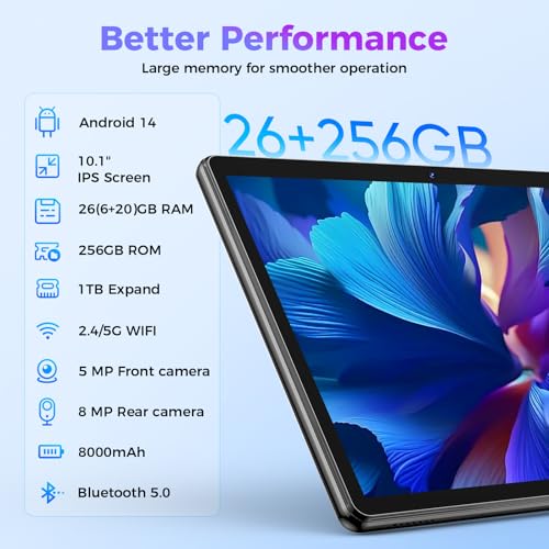 10.1 inch Android 14 Tablet with Keyboard, 26GB RAM, 256GB ROM, 8000mAh Battery, Black Z2089