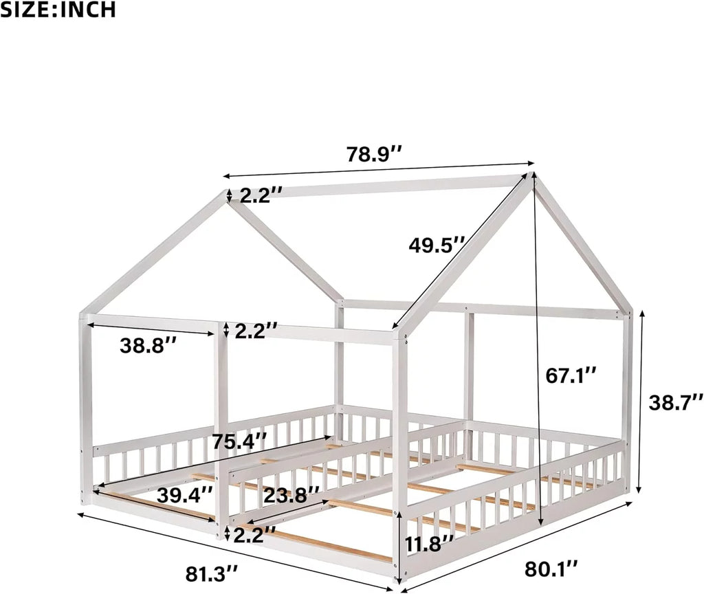 White Solid Wood Floor Bed with Rails and Roof T87125