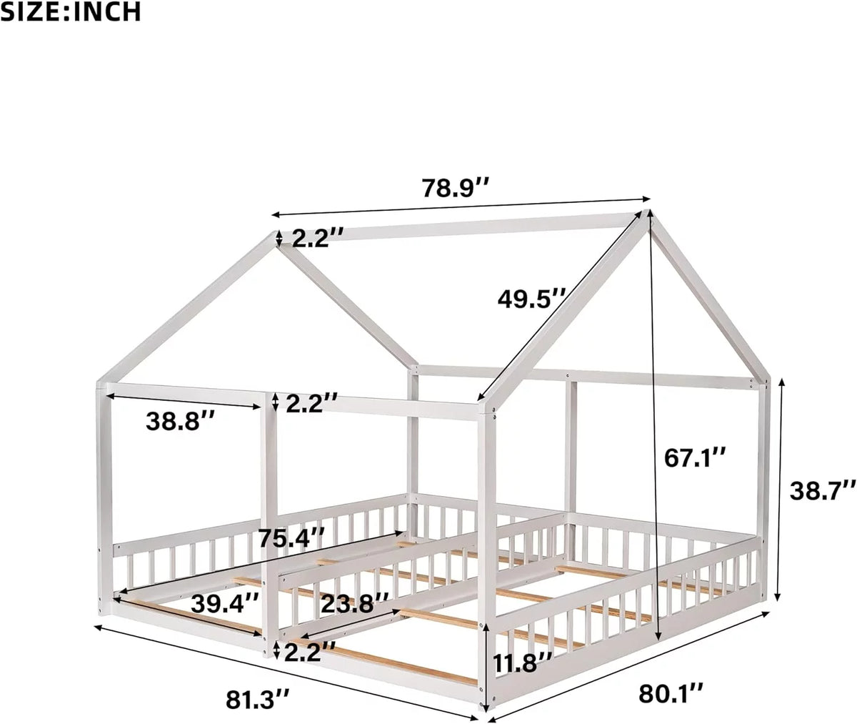 White Solid Wood Floor Bed with Rails and Roof T87125