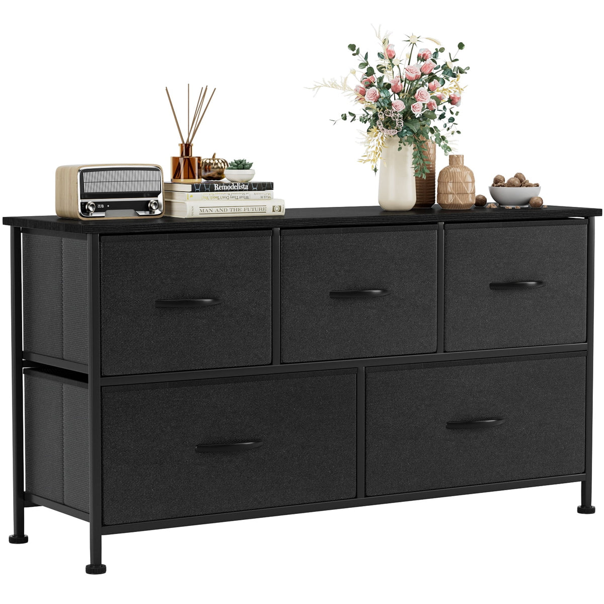 Black 5 Drawer Fabric Dresser R420