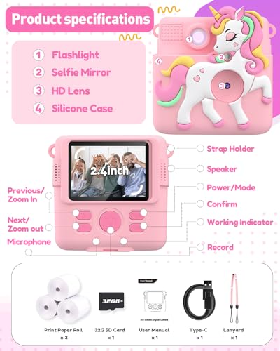 Pink Instant Print Kids Camera with 32GB SD Card Q624259