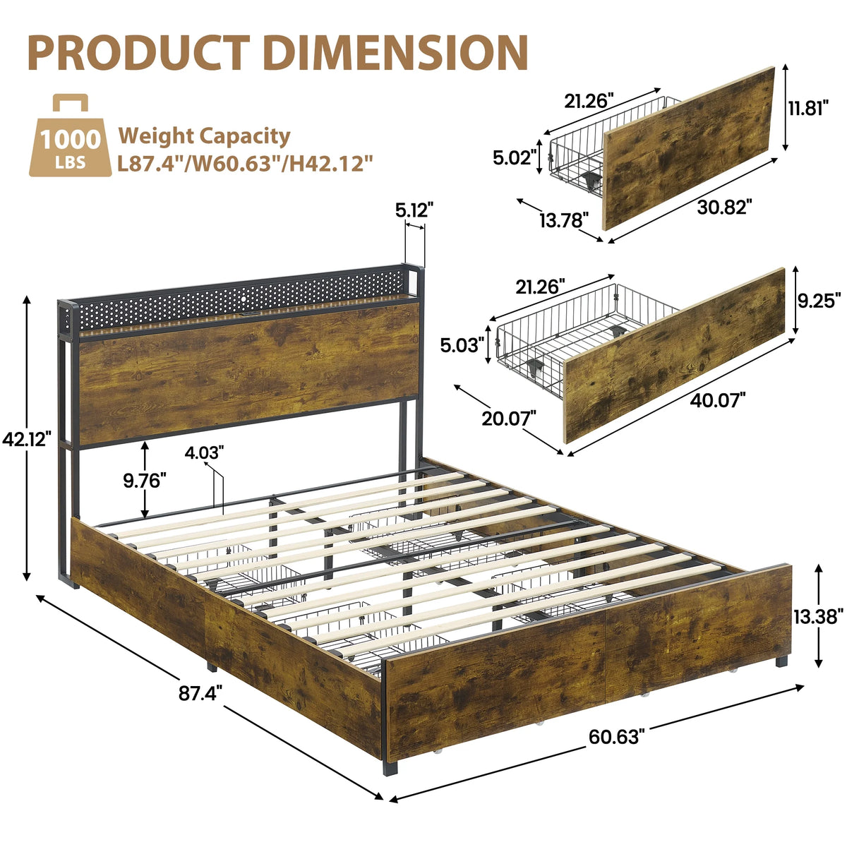 Queen Size Platform Bed Frame with Storage Headboard and 6 Drawers Z791