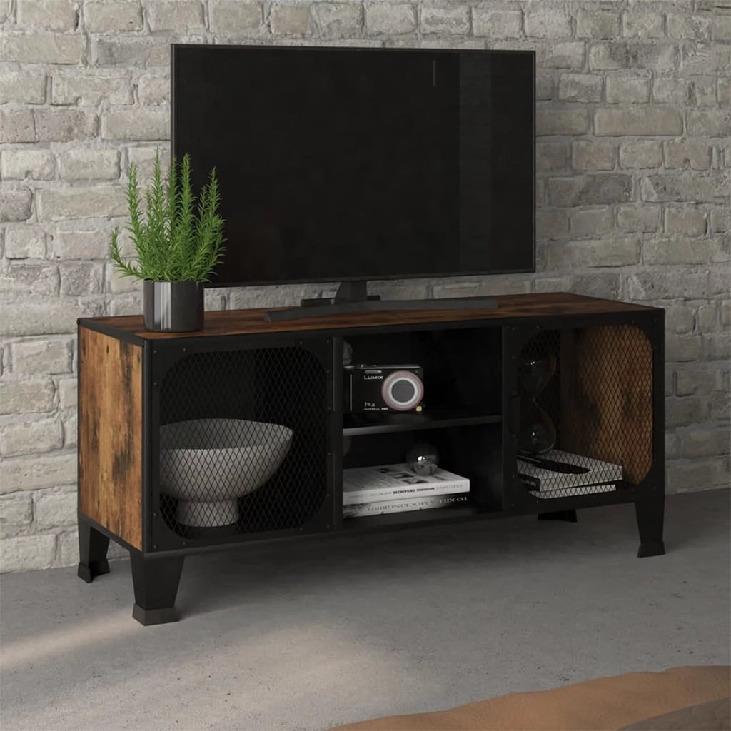 Rustic Brown TV Stand with 2 Mesh Doors and Storage Shelf K9990