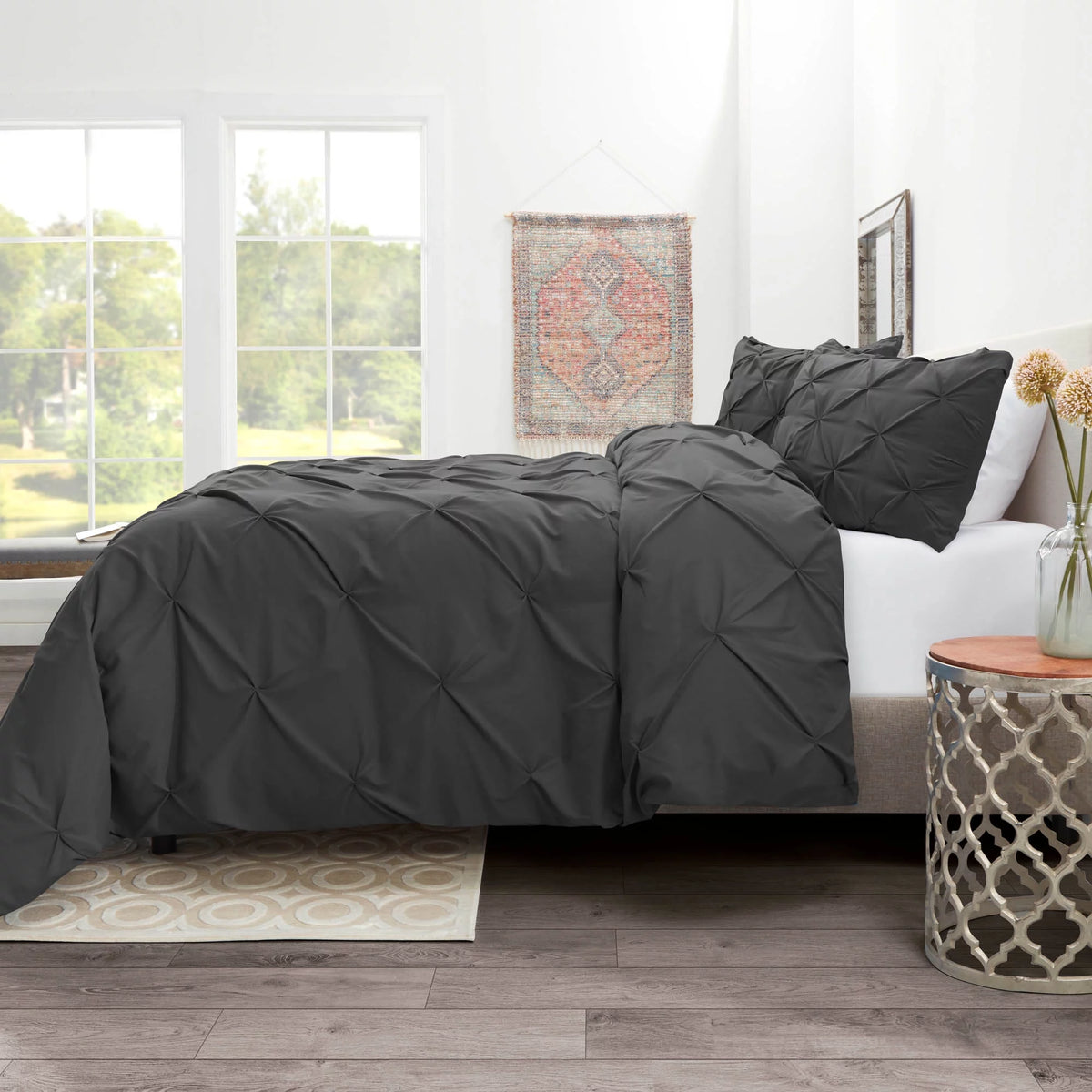 3 Piece Pinch Pleated Microfiber Duvet Cover Set Queen Gray X4998