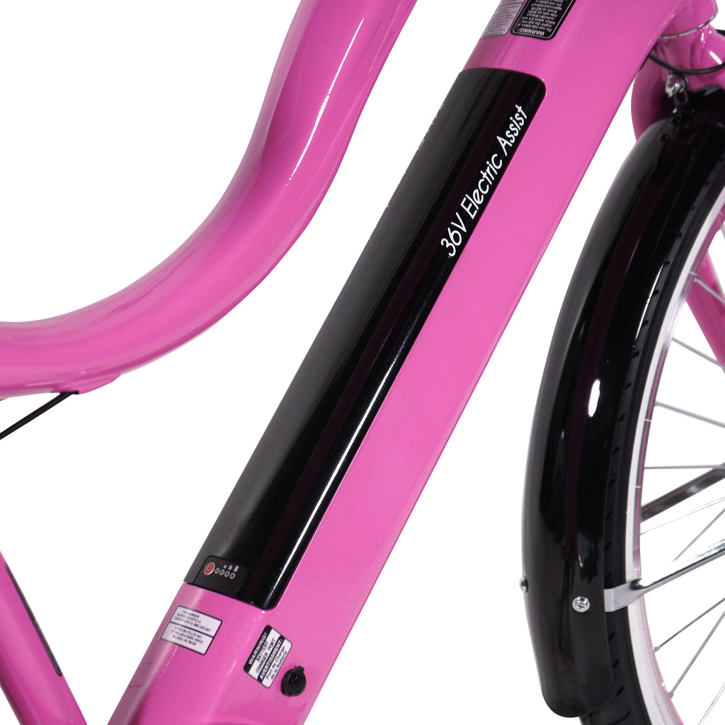 26" 36V Electric Cruiser E-Bike with Pedal-Assist, 250W Motor, Pink A543