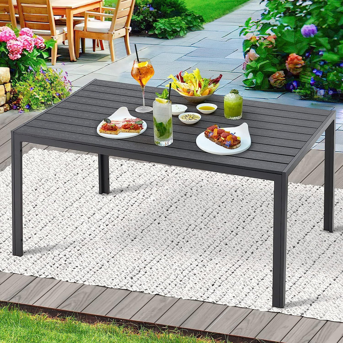 51x31 Black Metal Outdoor Dining Table with Umbrella Hole X2367
