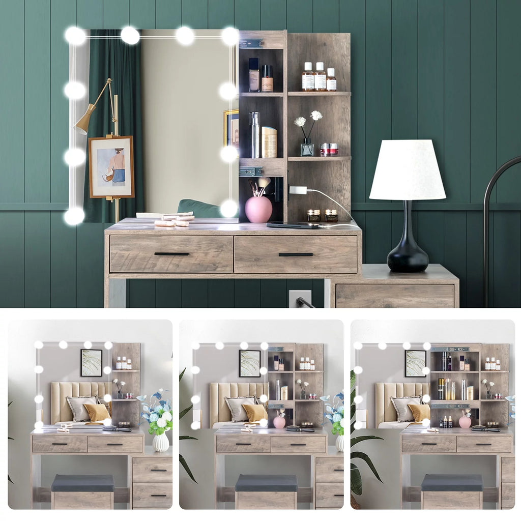 Lighted Vanity Makeup Table Set with Sliding Mirror and Cushioned Stool T35097