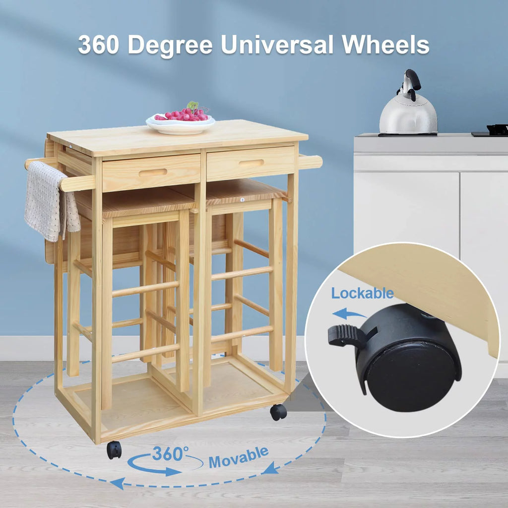 Drop Leaf Table, Rolling Kitchen Tables, Dining Table Set for 2, Natural U8087
