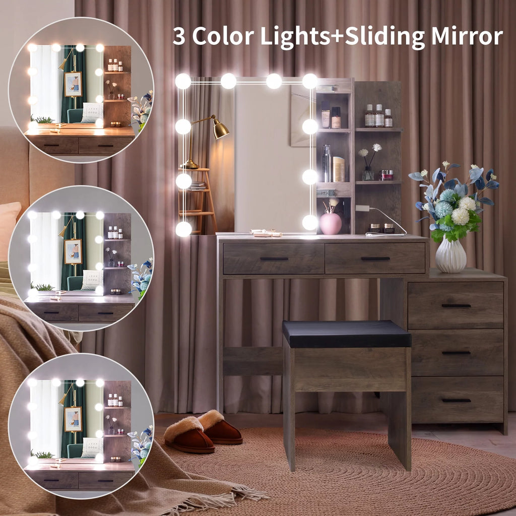 Lighted Vanity Makeup Table Set with Sliding Mirror and Cushioned Stool T35097