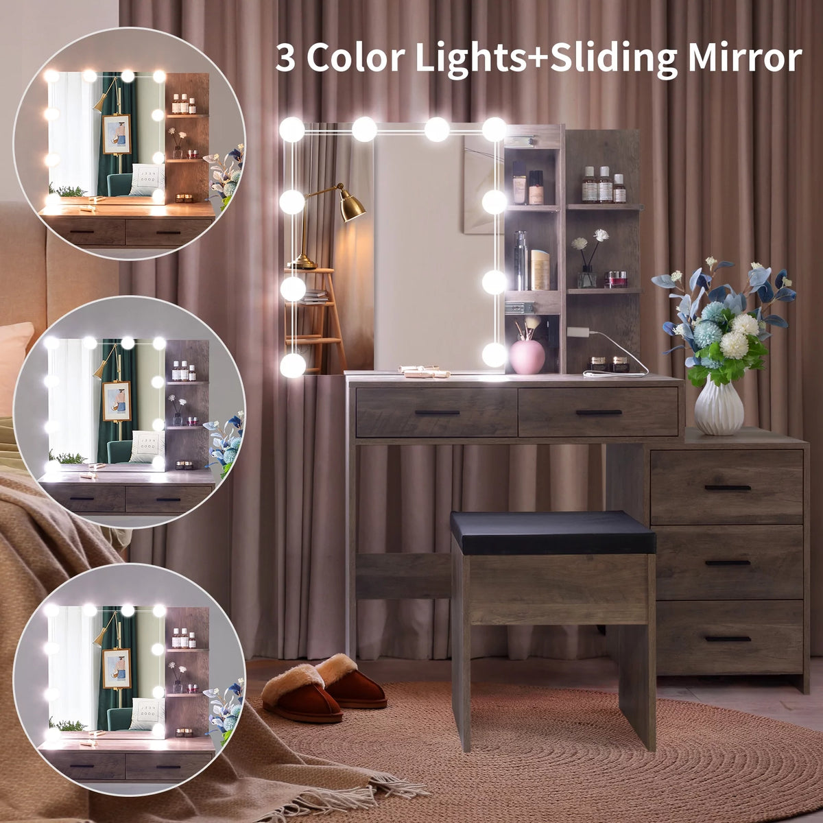 Lighted Vanity Makeup Table Set with Sliding Mirror and Cushioned Stool T35097