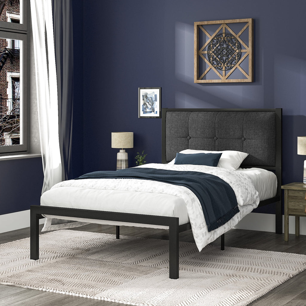 Twin Metal Platform Bed with Tufted Headboard and Under-Bed Storage, Grey N442956