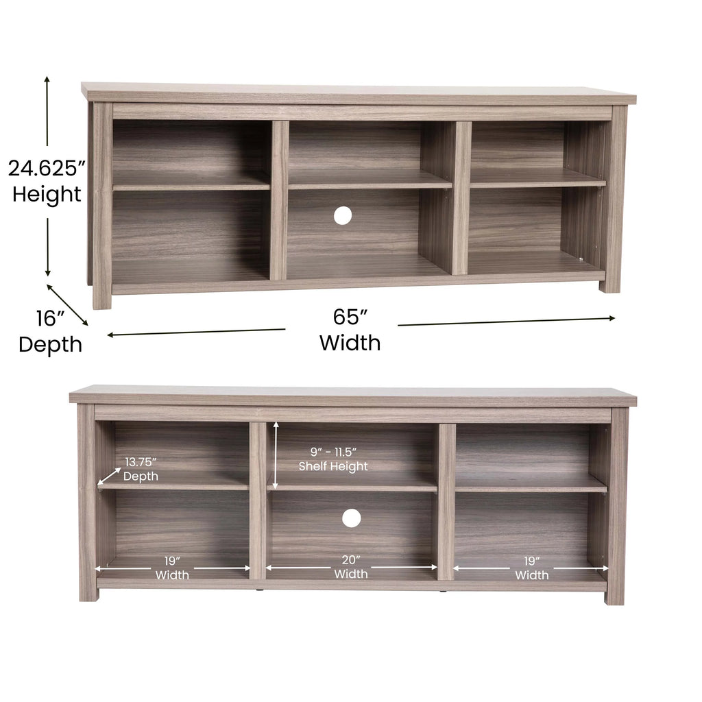 Gray Wash Oak Finish 65" Media Console with 6 Open Storage Shelves Q885