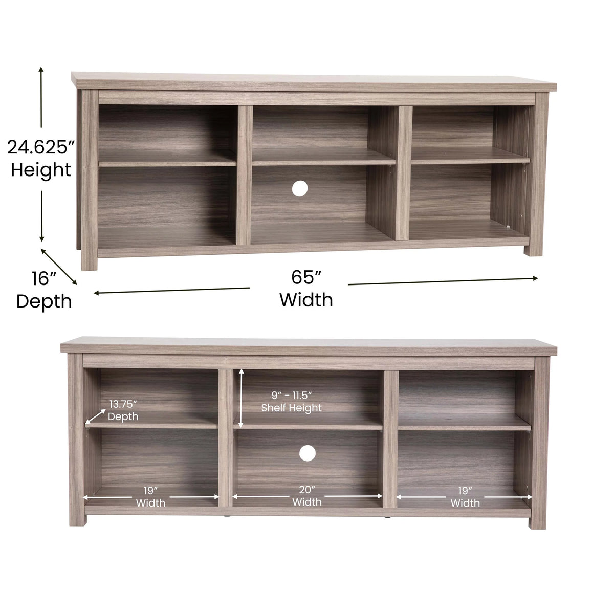 Gray Wash Oak Finish 65" Media Console with 6 Open Storage Shelves Q885