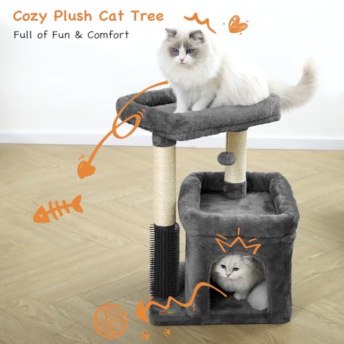Small Cat Tree with Scratching Post, Condo, Perch and Pompoms E7809