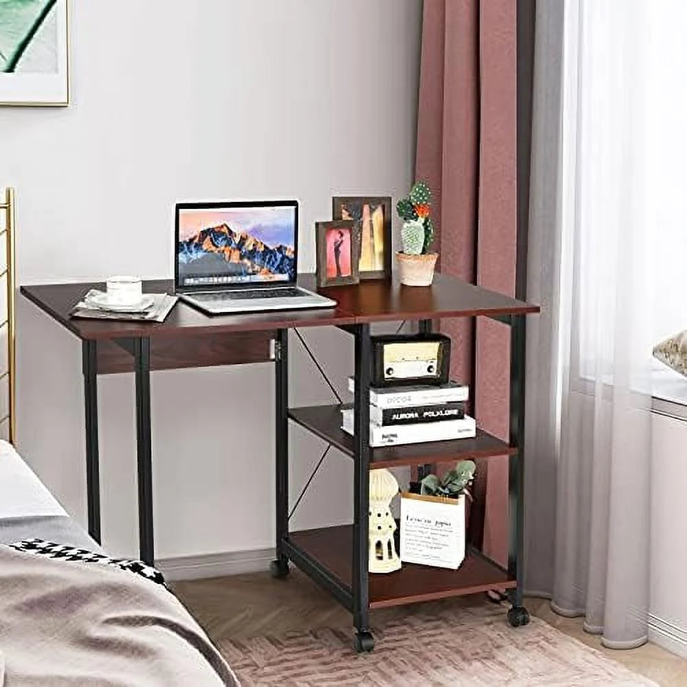 Folding Computer Desk with 2-Tier Shelves and 6 Wheels A941750