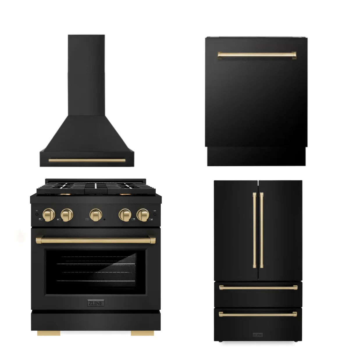 30 Gas Range, Range Hood, Refrigerator, Dishwasher in Black Stainless P9219