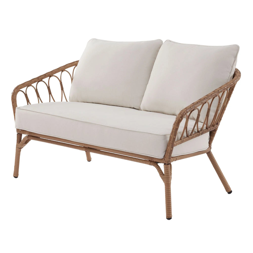 Beige Wicker Outdoor Loveseat and Ottoman Set U736