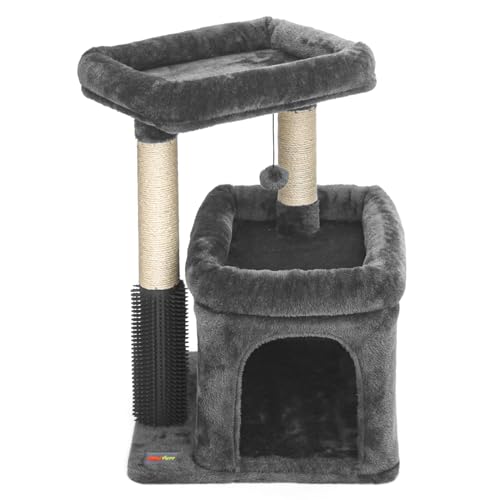 Small Cat Tree with Scratching Post, Condo, Perch and Pompoms E7809