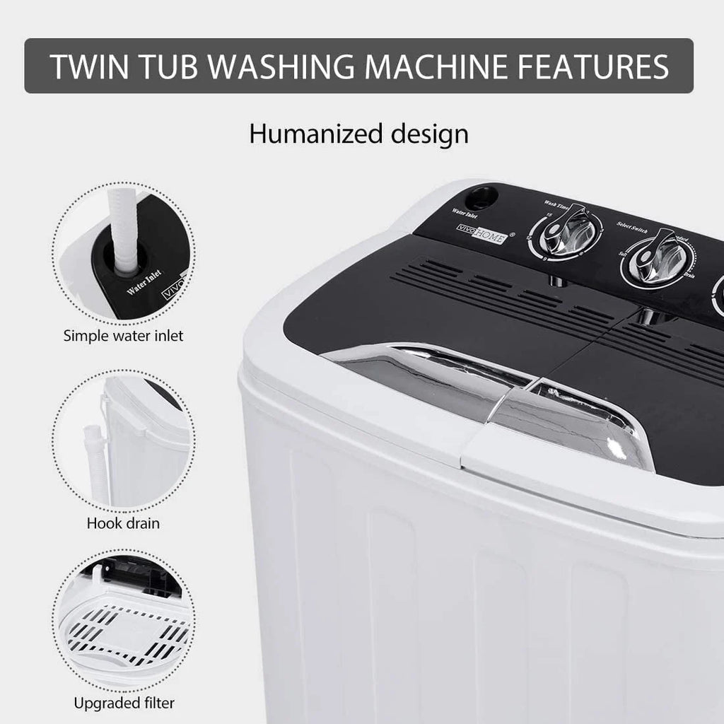 Portable 2 in 1 Twin Tub Mini Laundry Washer and Spin Dryer Combo 13.5lbs Black & White Z1219