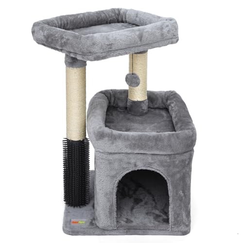 Small Cat Tree with Scratching Post, Condo, Perch and Pompoms E7809