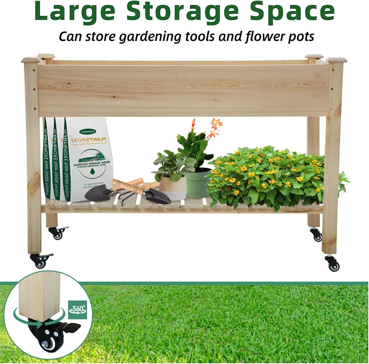 Raised Wood Garden Bed with Wheels and Storage Shelf O7902