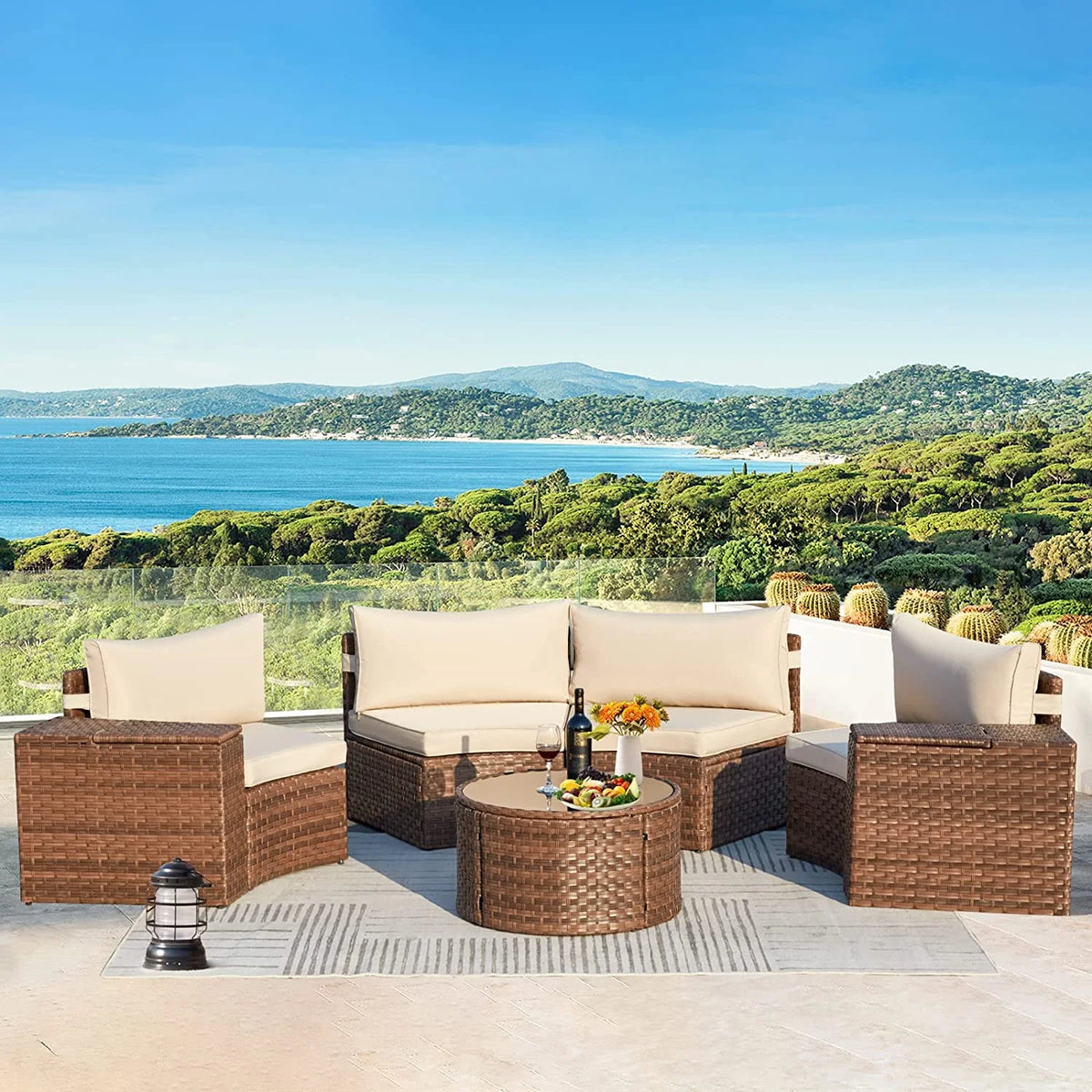 7 Piece Outdoor Patio Sectional Sofa Set with Storage Armrest L871980