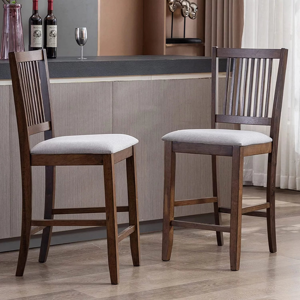 Wood Bar Stools Set of 2 Upholstered Counter Height Chairs Walnut J848135
