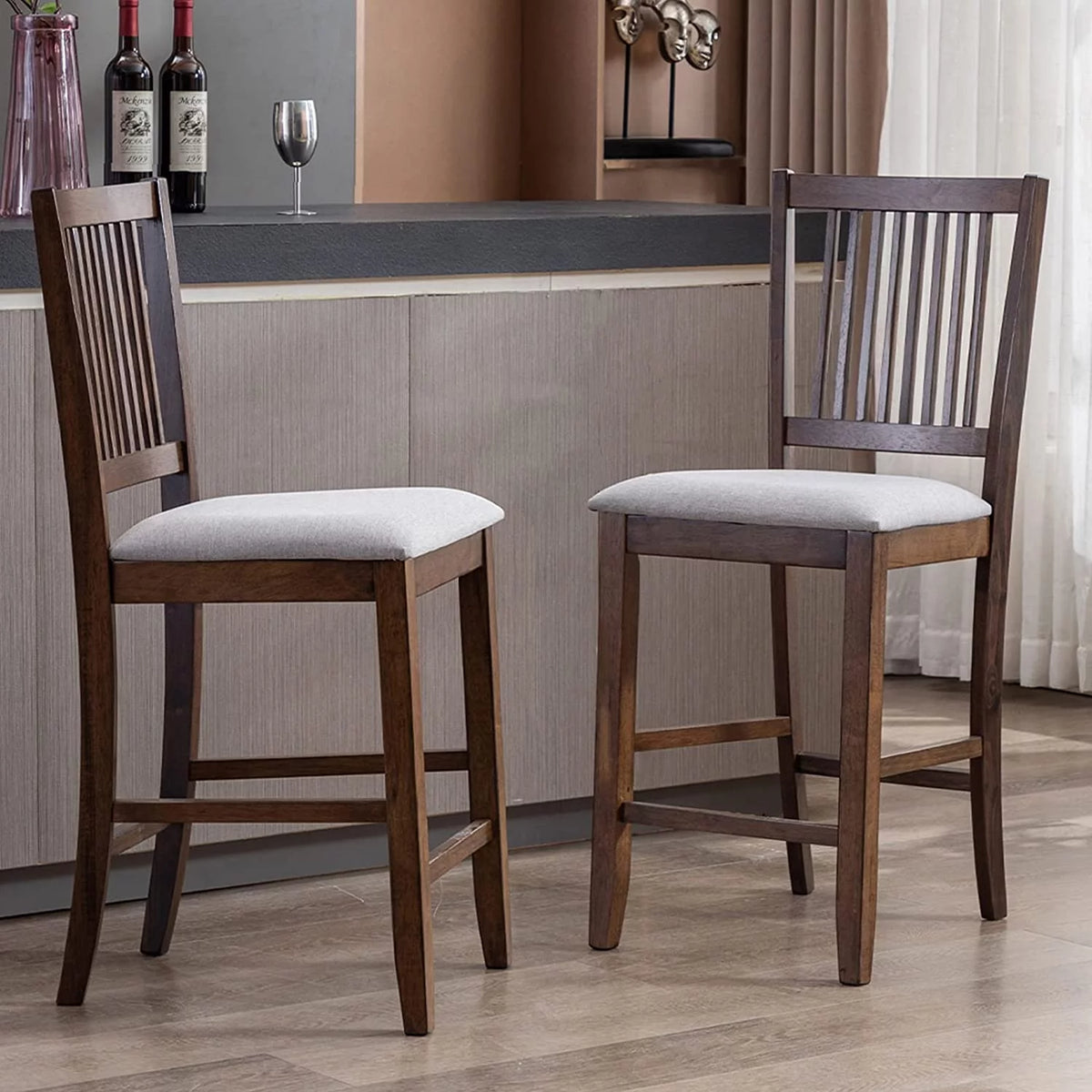 Wood Bar Stools Set of 2 Upholstered Counter Height Chairs Walnut J848135