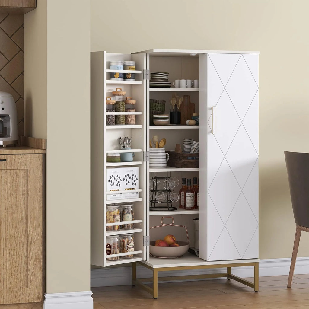 White Freestanding Kitchen Pantry Storage Cabinet with Adjustable Shelves V6456