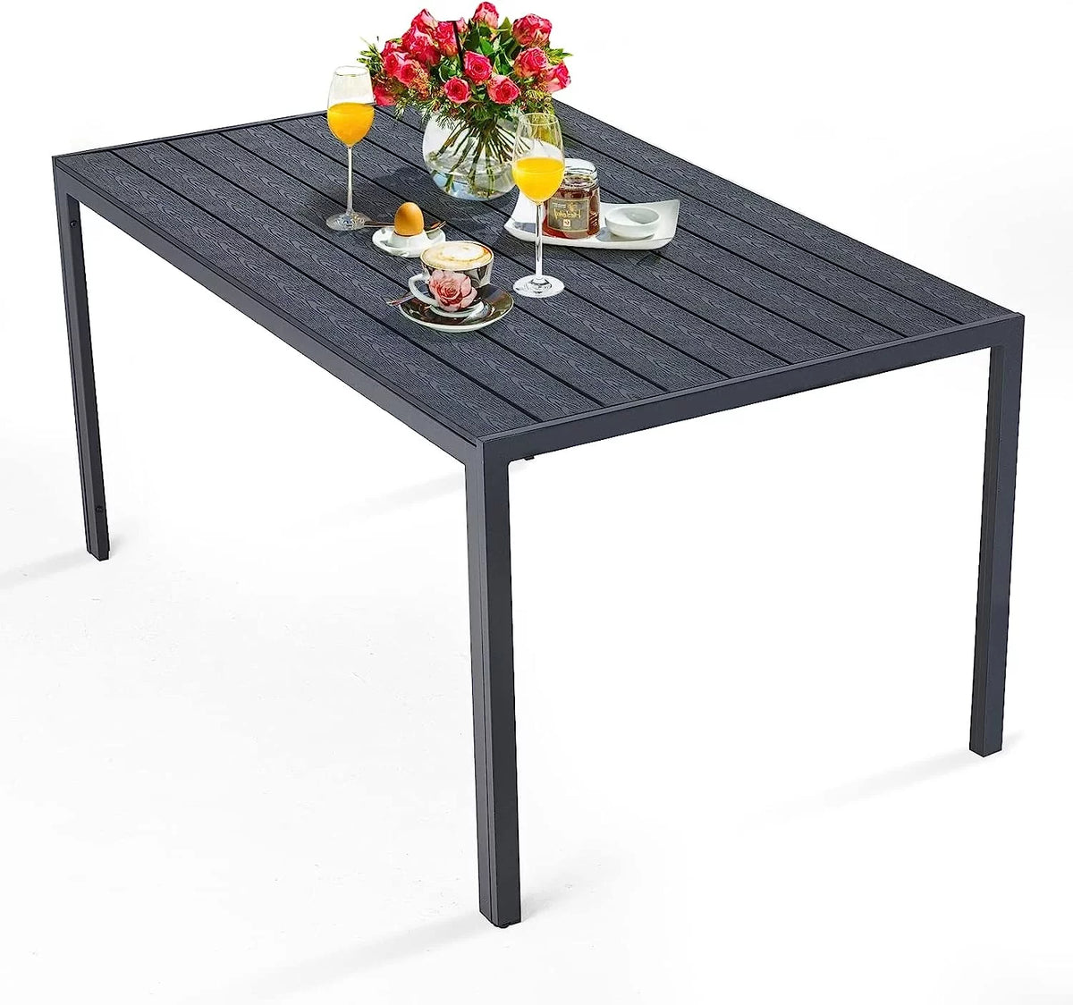 51x31 Black Metal Outdoor Dining Table with Umbrella Hole X2367