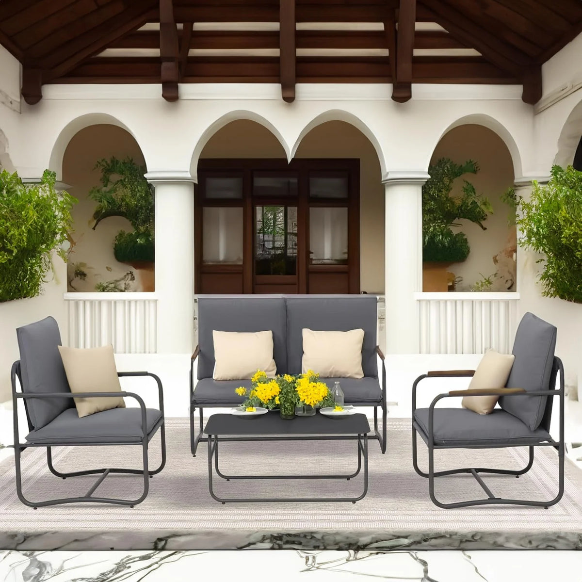 4 Pcs Aluminum Outdoor Sofa Conversation Set with Coffee Table G74865