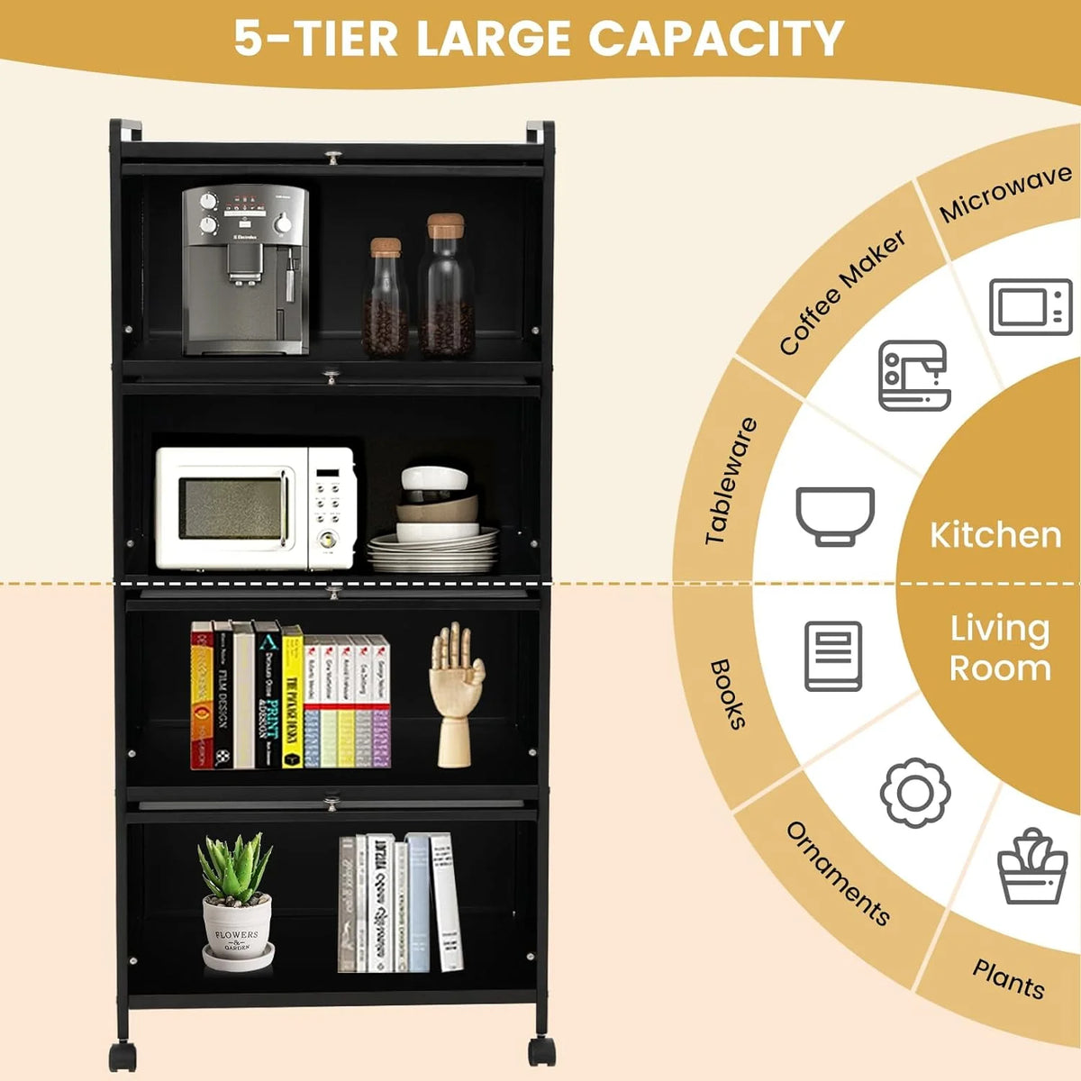 5-Tier Freestanding Kitchen Cabinet with 4 Rolling Casters R779175