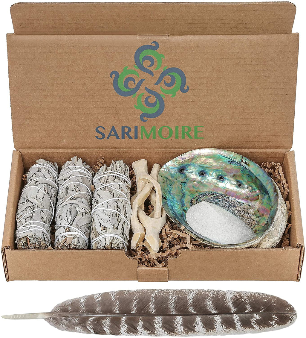 White Sage Smudge Sticks with Abalone Shell Tripod Stand Feather and White Sand W457
