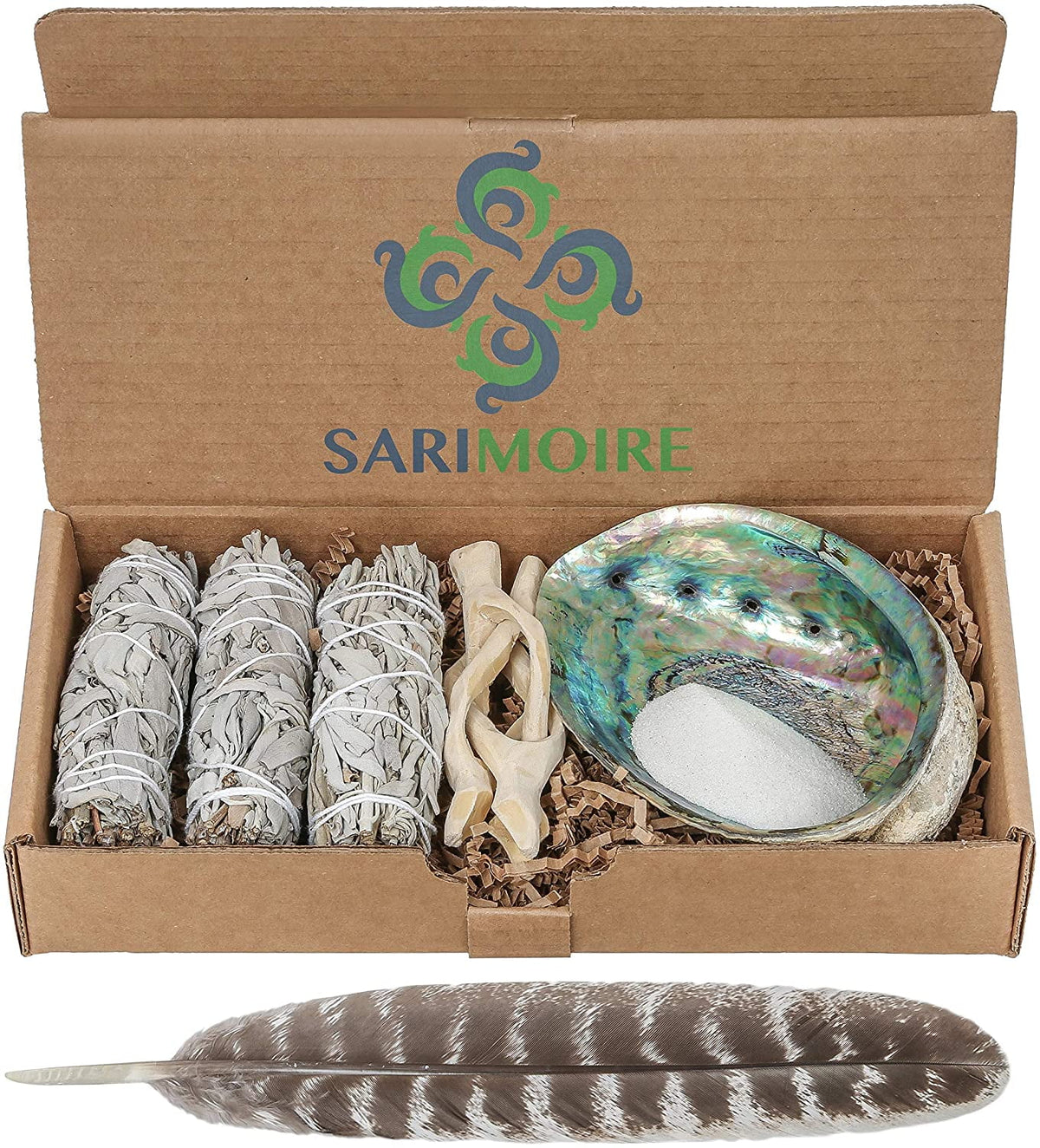 White Sage Smudge Sticks with Abalone Shell Tripod Stand Feather and White Sand W457