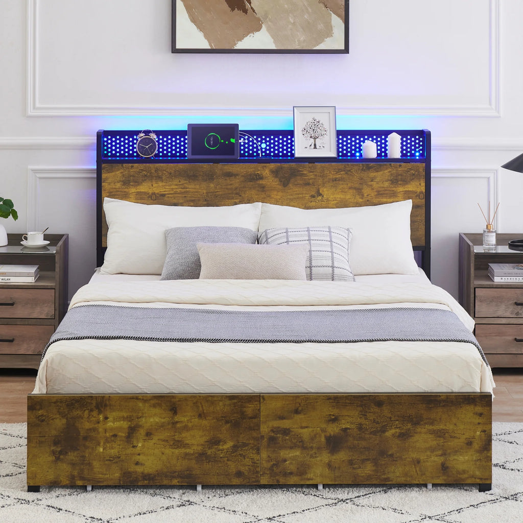 Queen Size Platform Bed Frame with Storage Headboard and 6 Drawers Z791