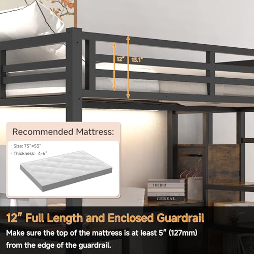 Full Size Black Metal Loft Bed with Desk and Storage Stairs K559
