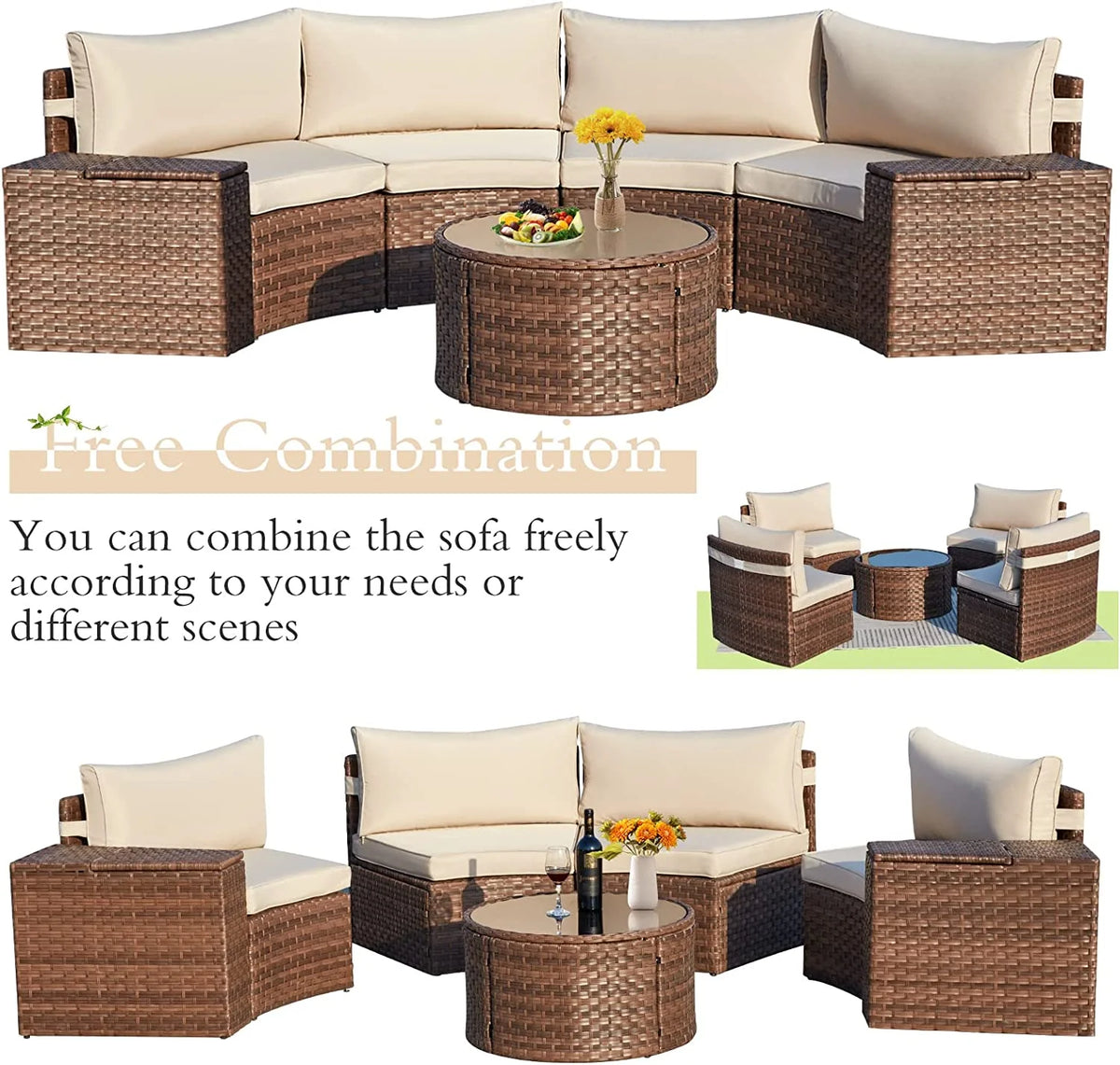 7 Piece Outdoor Patio Sectional Sofa Set with Storage Armrest L871980