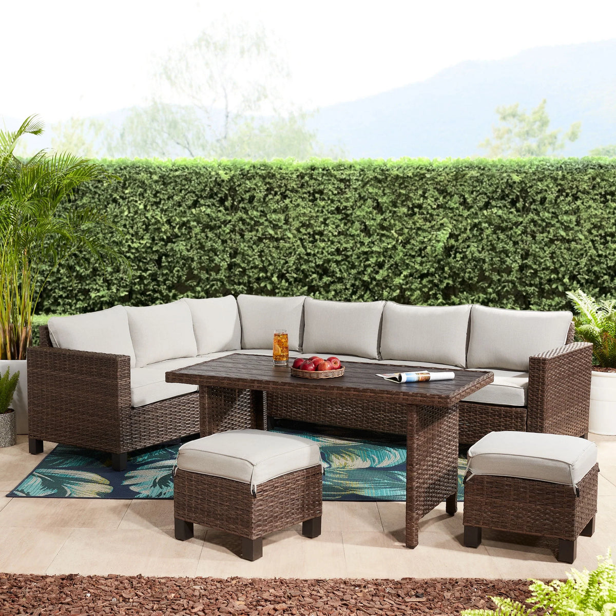 5-Piece Beige Wicker Sectional Dining Set U5673