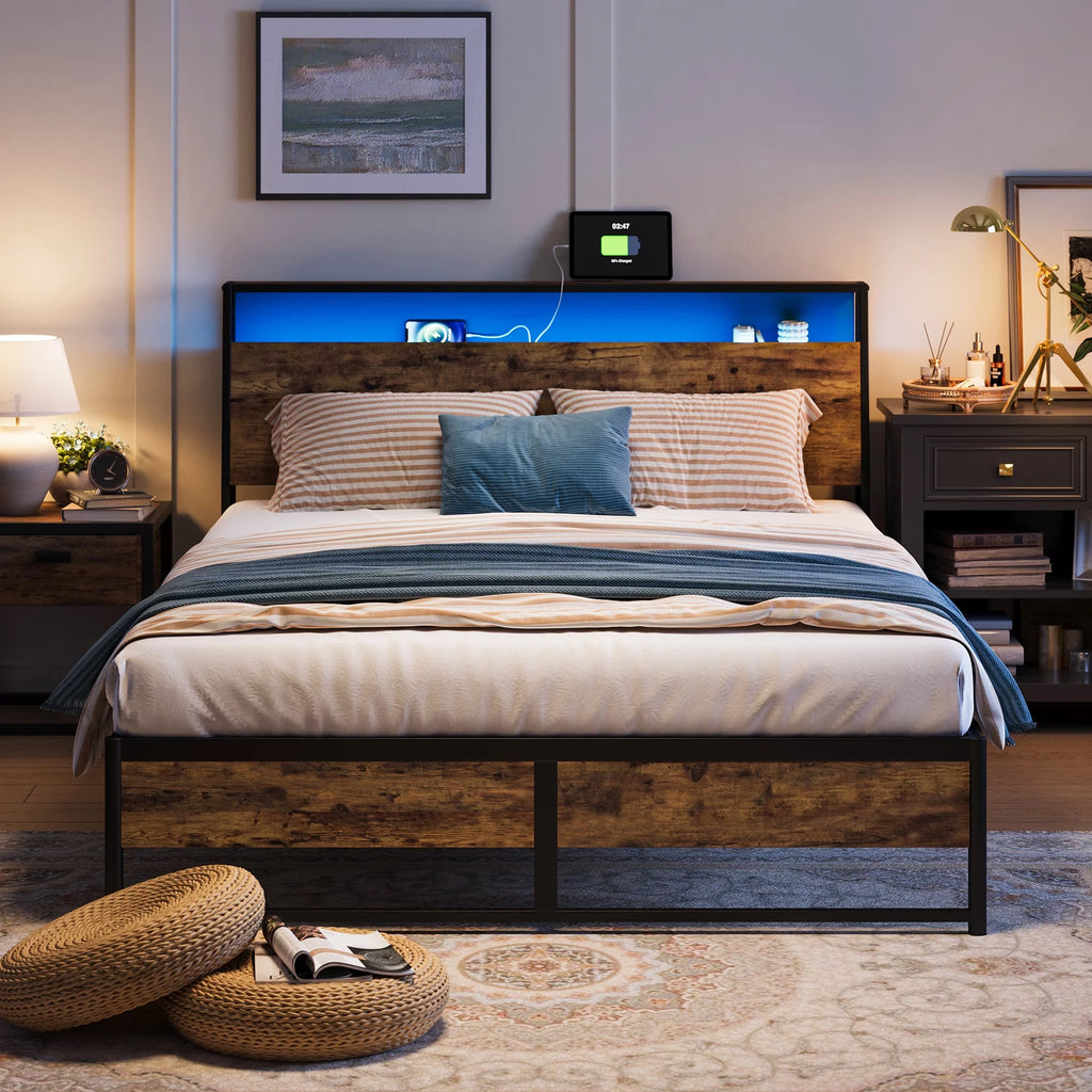 Full Size Platform Bed Frame with Headboard and Storage Shelves G631