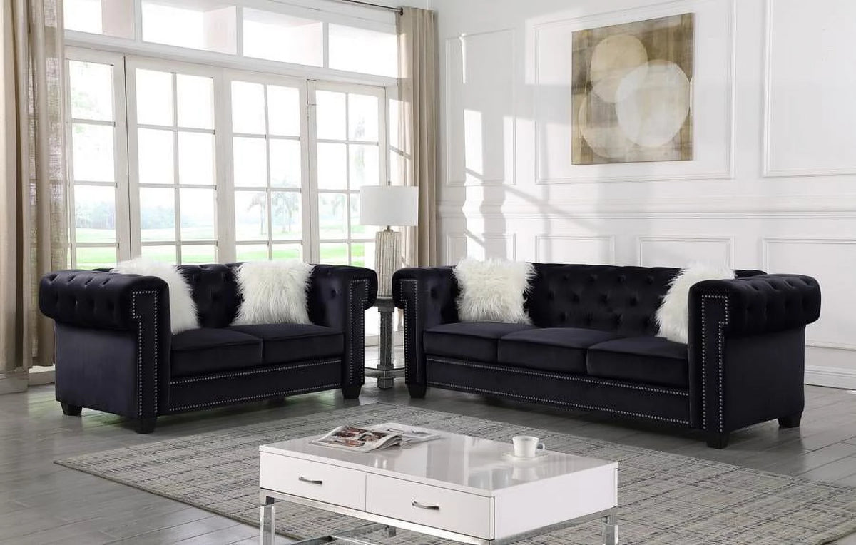Black Tufted Velvet Sofa Set 2Pcs S84973