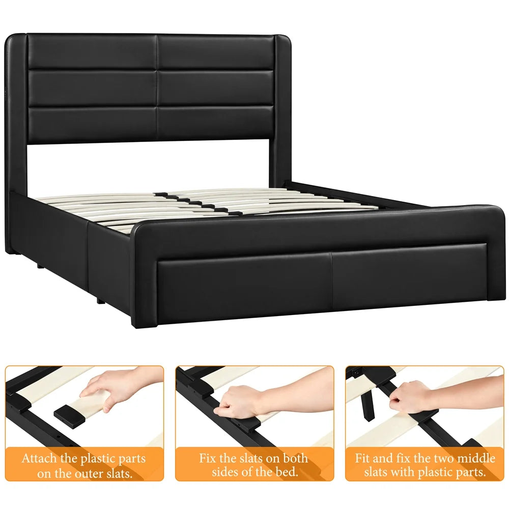 Black Queen Bed with 3 Storage Drawers O19728