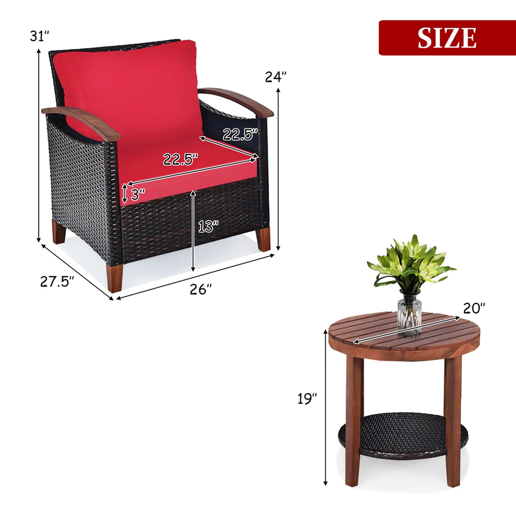 3 Pc Patio Rattan Furniture Set with Cushion G261
